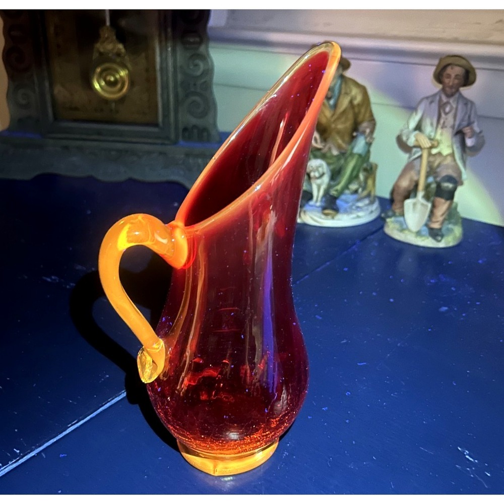 Vintage Kanawha Amberina Crackle Stretch Swung Glass Pitcher 9.25" Glows